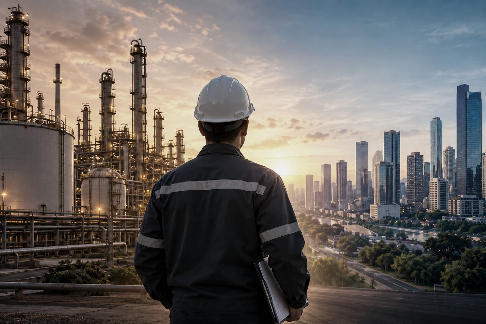Engenheiro de costas observando uma planta industrial e a cidade ao fundo
